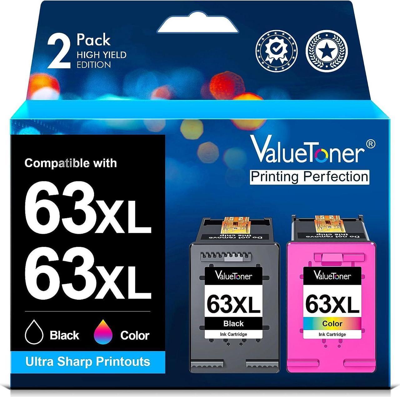 Valuetoner Remanufactured Ink Cartridge Replacement for Hewlett Packard HP 63XL 63 XL F6U64AN F6U63AN (1 Black, 1 Color) 2 Pack for DeskJet 1110 1112 2130 3630 3632 Envy 4520 OfficeJet 3830 4650