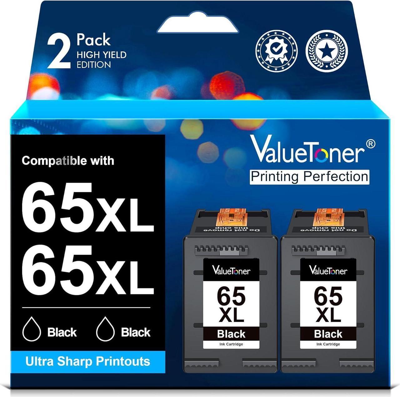 Valuetoner Ink Cartridge Replacement  65 XL 65XL HP65 HP65XL N9K04AN for Envy 5055 5052 5058 DeskJet 3755 2655 3720 3722 3723 3730 3732 3752 3758 2652 2624 High Yield (2 Black)