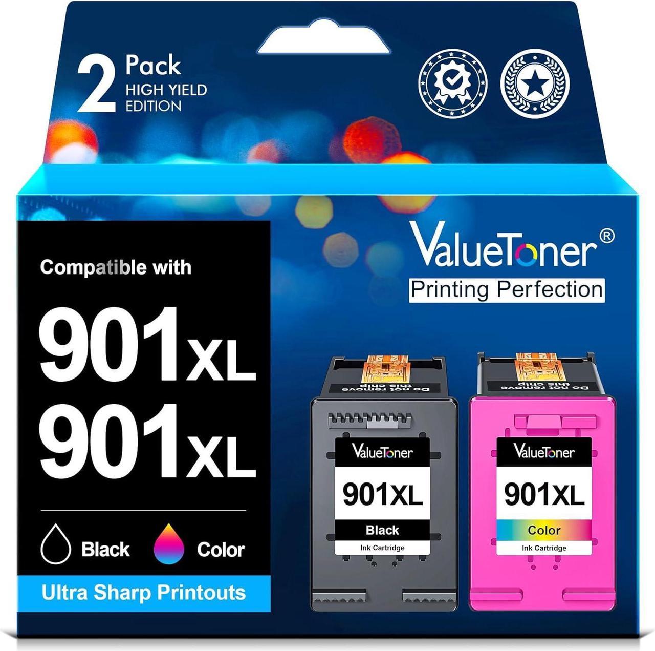 Valuetoner Remanufactured Ink Cartridge Replacement  901XL 901 XL Compatible with Officejet 4500, J4524, J4540, J4550, J4580, J4624, J4680 Printer High Yield (1 Black, 1 Tri-Color, 2 Pack)