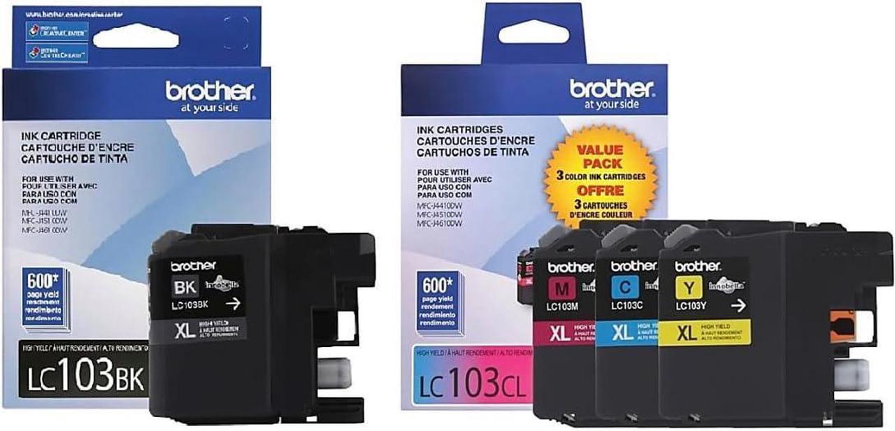 Brother LC103 Ink Cartridge (Black, Cyan, Magenta, Yellow, 4-Pack) in Retail Packaging