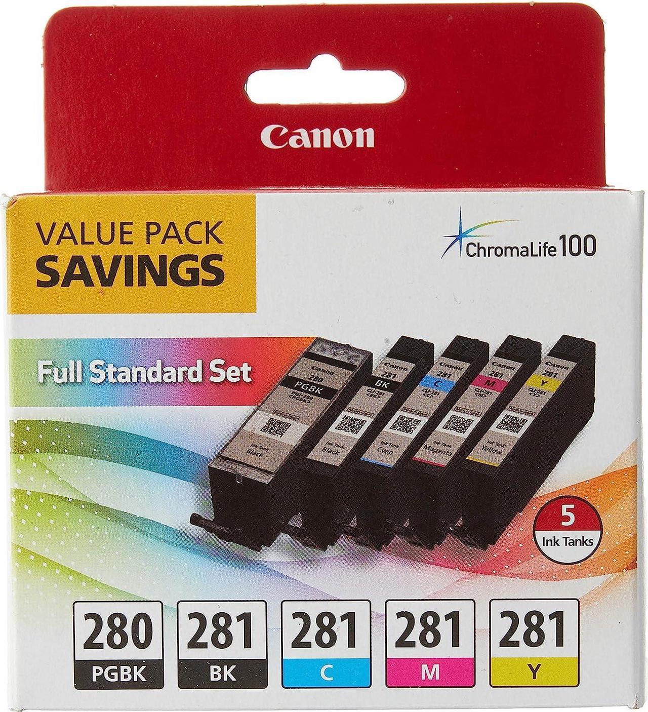 Canon PGI-280 / CLI-281 5 Color Ink Pack, Compatible to TS8120,TS6120,TR8520,TR7520, and TS9120 Wireless Printers, Multi, PGI-280 Full Standard Set