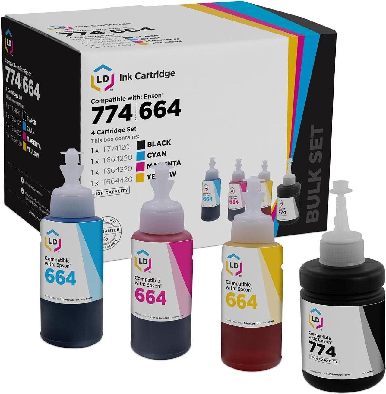 LD Compatible Ink Bottle Replacements for Epson 774 & Epson 664 (1 Black, 1 Cyan, 1 Magenta, 1 Yellow, 4-Pack)