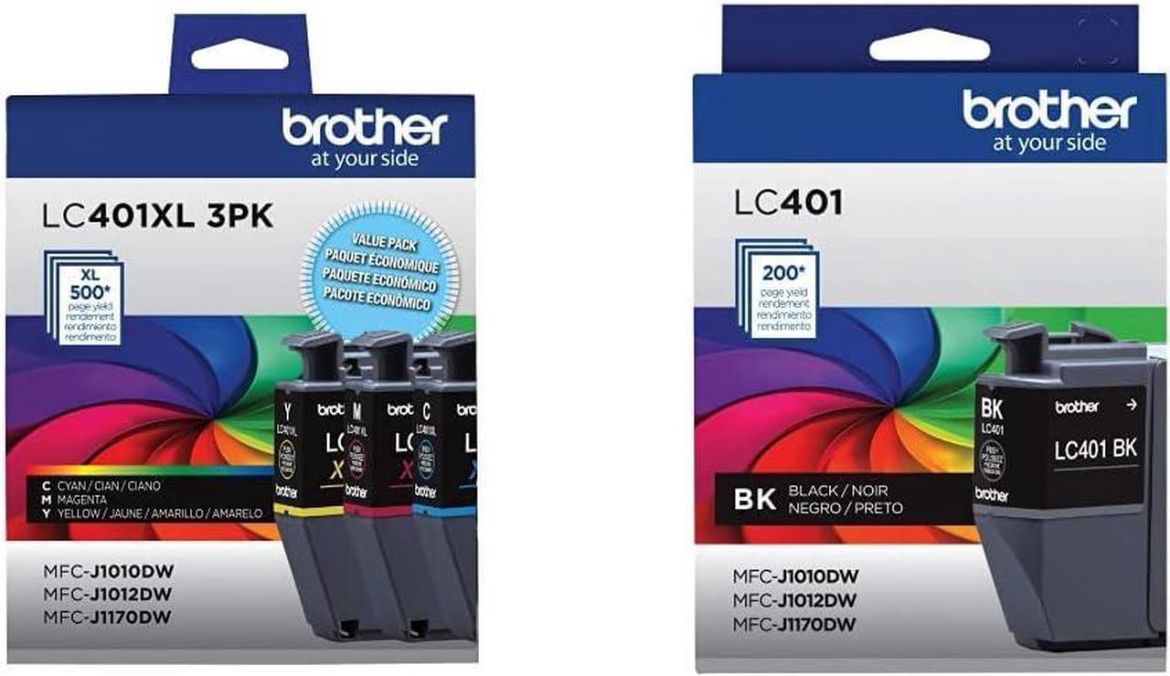 Brother Genuine LC401XL3PKS High-Yield Colour Ink Cartridge 3-Pack & Genuine LC401BKS Standard-Yield Black Ink Cartridge