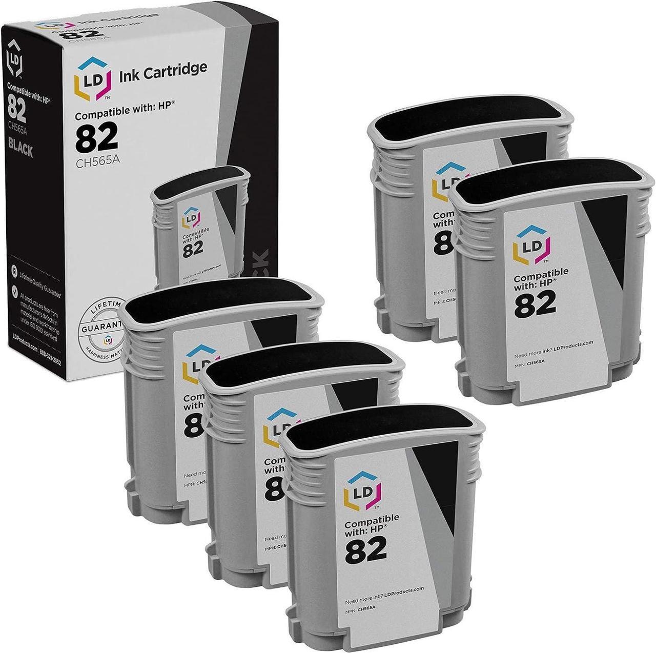 LD Remanufactured Replacements  82 / CH565A Set of 5 Black Inkjet Cartridges  DesignJet 111, and 510 ...