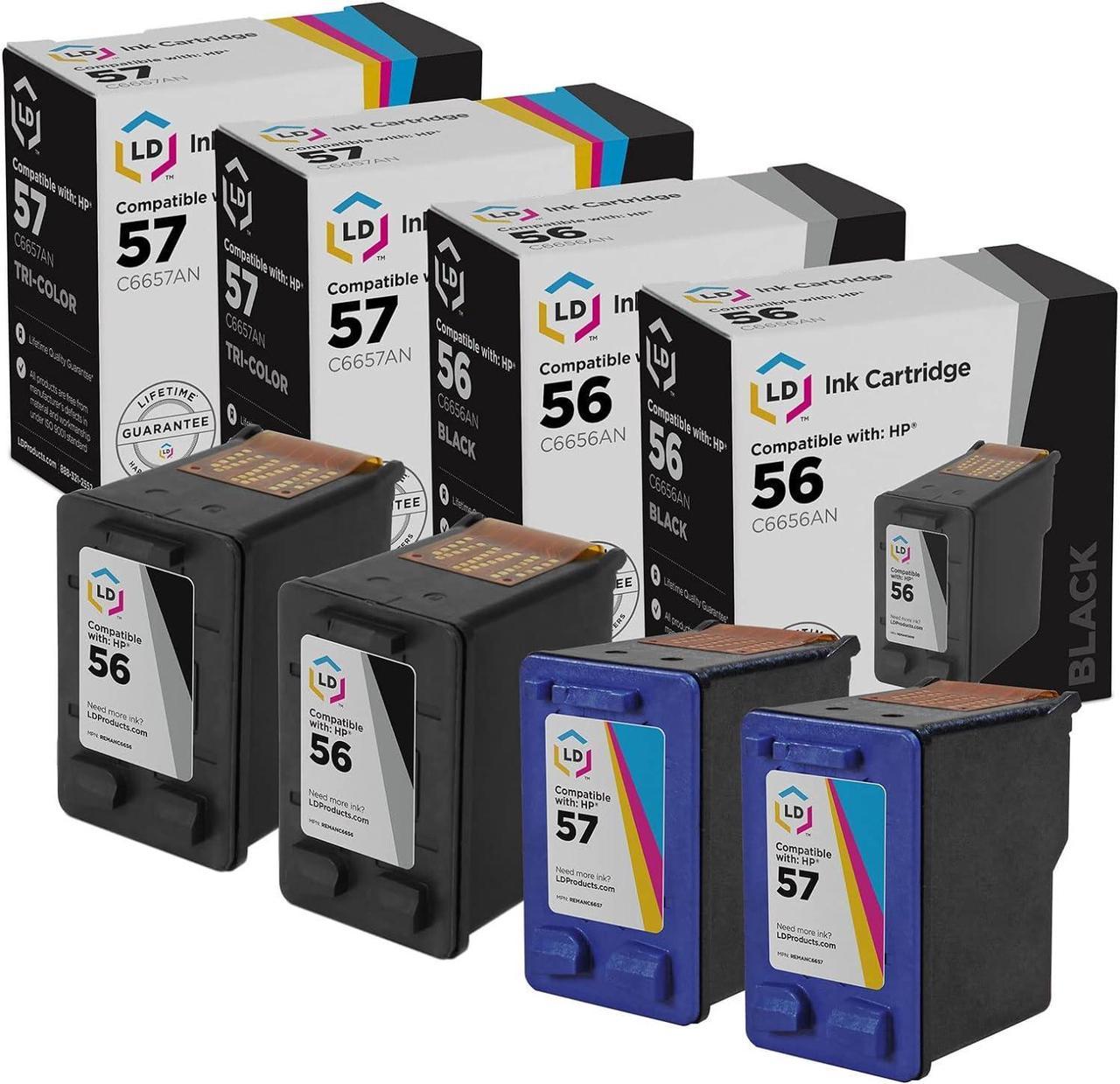 LD Remanufactured Ink Cartridge Replacements  C6656AN (HP 56) Black and HP C6657AN (HP 57) Color (2 Black and ...