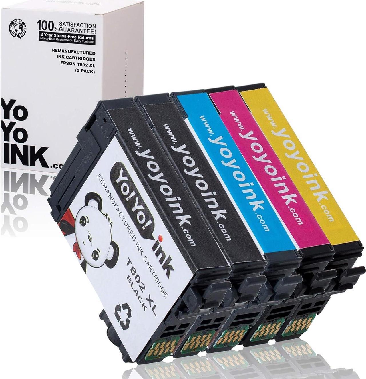 YoYoInk 5-Pack Remanufactured Ink Cartridge Replacement for Epson T802XL 802 XL (2 Black, 1 Cyan, 1 Magenta, 1 Yellow)