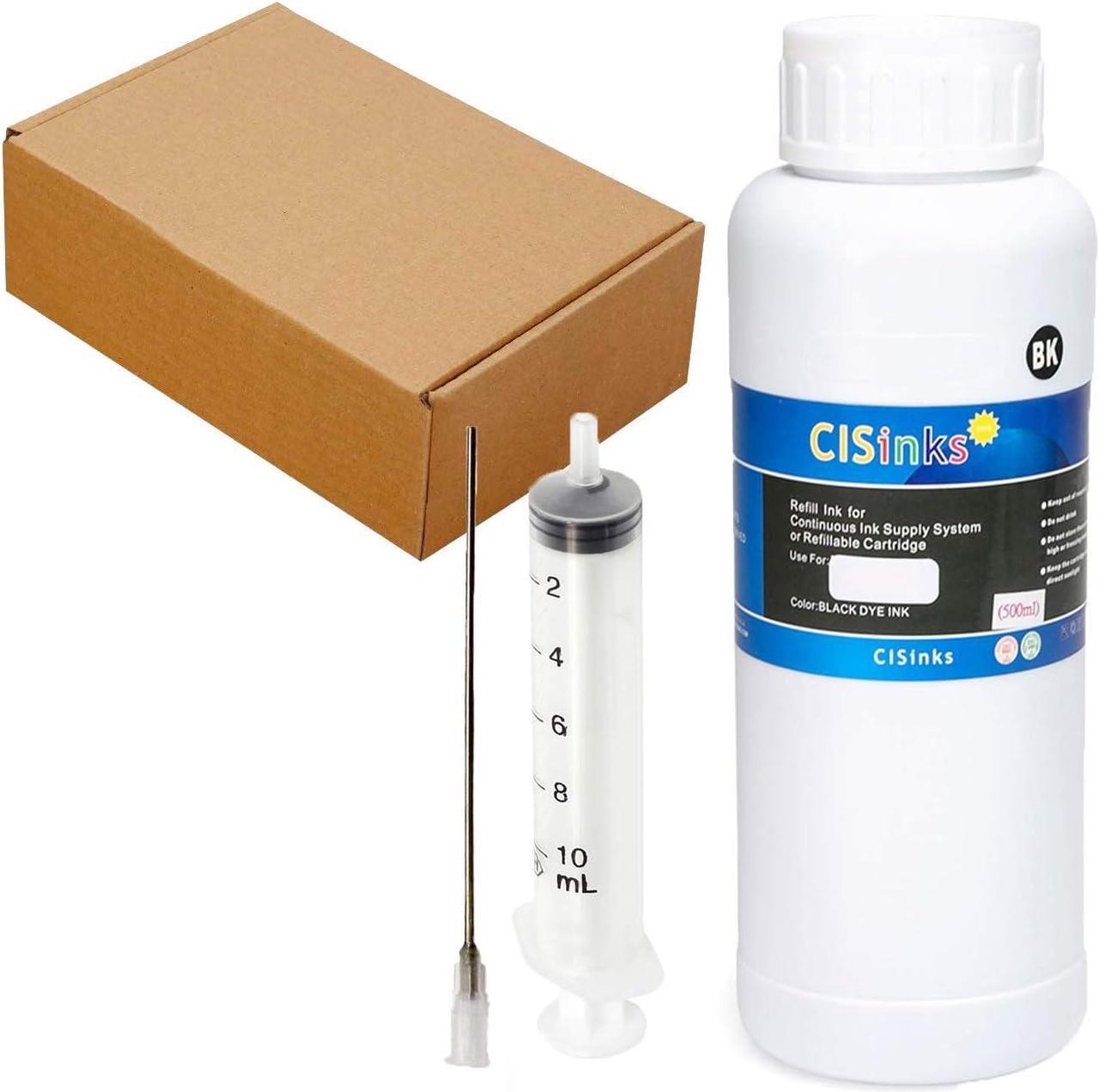 CISinks Standard Universal Large Black Refill Ink - 500 ml (17 oz) Dye-Based Ink for All Printers + Refill Tool Kits Blunt Injectors