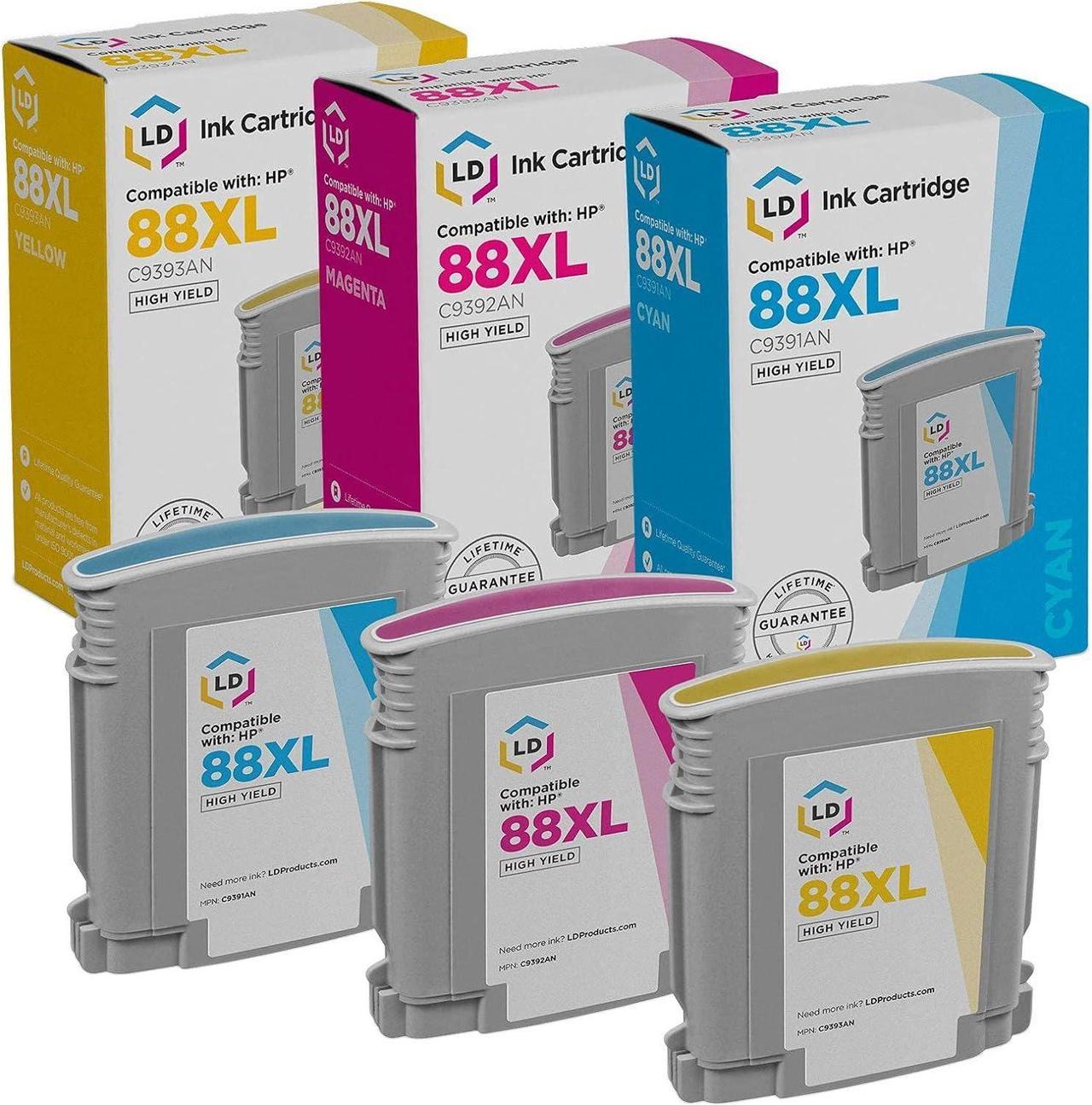 LD Remanufactured Replacement  88XL / 88 Color Ink Cartridges: C9391AN Cyan, C9392AN Magenta & C9393AN Yellow ...