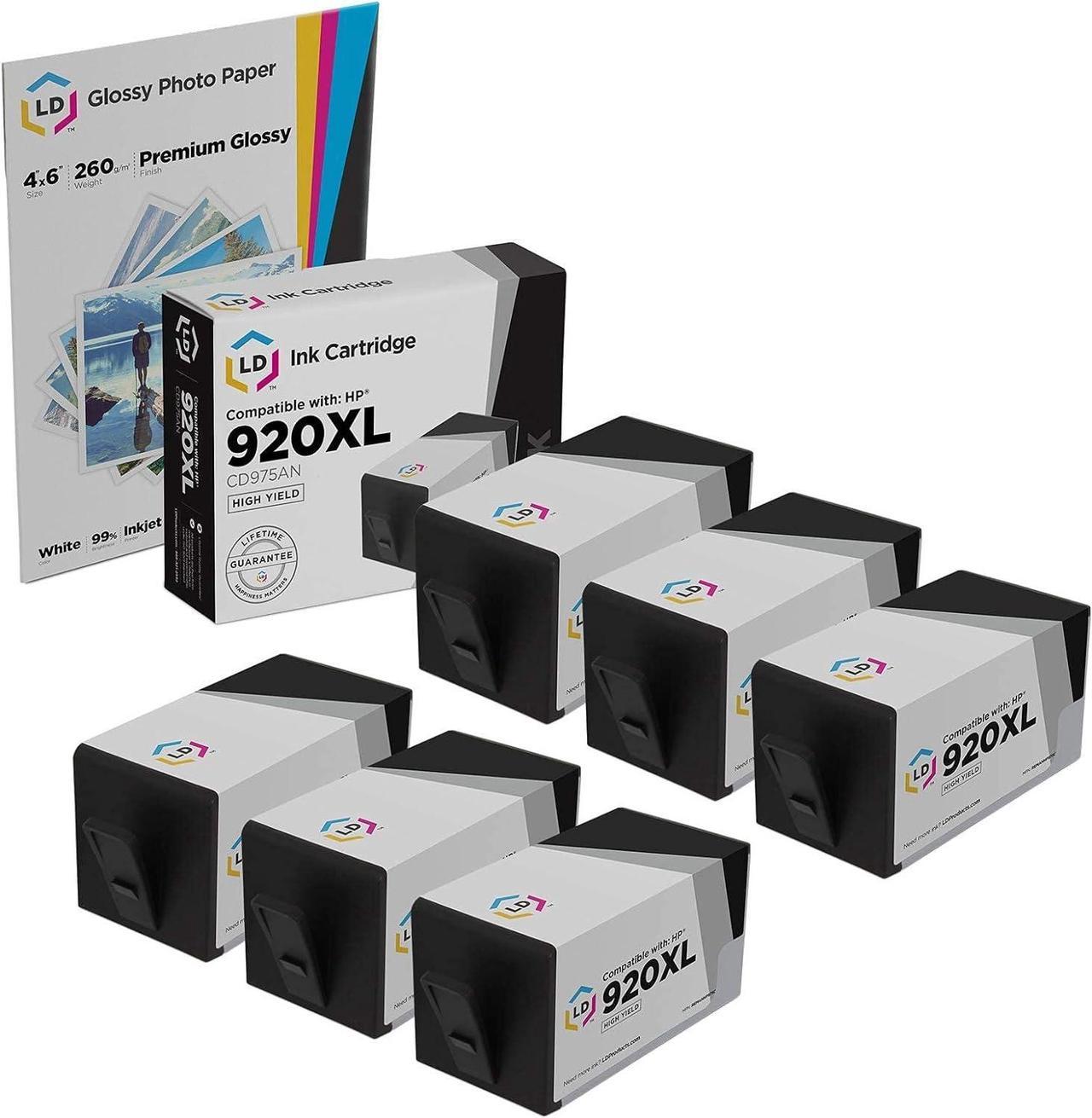 LD Remanufactured Replacement for Hewlett Packard HP 920XL / 920 6 Pack CD975AN Black Inkjet Cartridges + Free 20 Pack 4X6 LD Photo Paper for use in HP OfficeJet Printers:Shows Accurate Levels