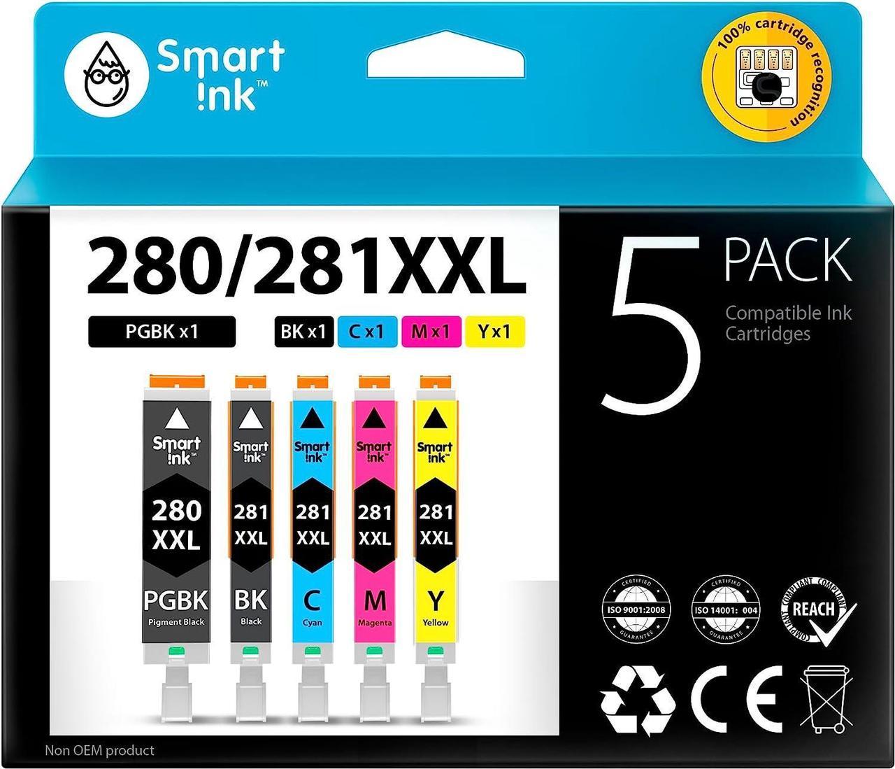 Smart Ink Compatible Ink Cartridge Replacement for Canon PGI 280 PGI-280 XXL CLI 281 CLI-281 (PGBK & BK/C/M/Y 5 Pack Combo) for Pixma TS702 TS6120 TS6220 TS6320 TR7520 TR8520 TS9520 TS9521C