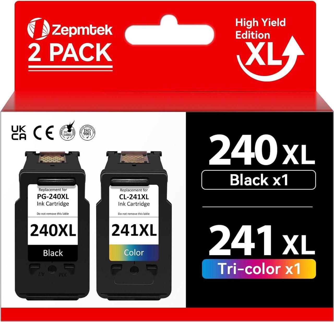 ZepmTek Remanufactured Ink Cartridge Replacement for Canon 240 241 240XL 241XL PG-240XL CL-241XL Black Color for Pixma MG3620 MX432 MG3600 MG3222 TS5120 TS5100 MG3220 MG3122 MG2120 Printer, 2-Pack