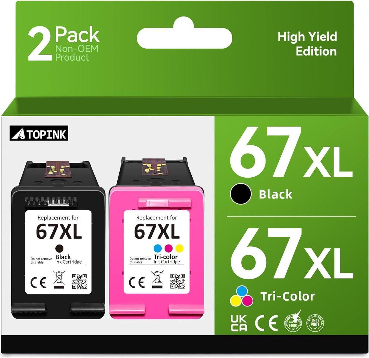 67XL Ink Cartridges Black/Color Combo Pack Remanufactured Replacement  67XL 67 | Work with DeskJet 2752 2710 2755 2722 Plus 4100 4158 Envy 6000 6055 6052 Pro 6452 Printers (1 Black, 1 Tricolor)