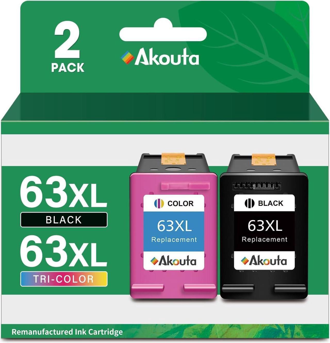 Akouta 63XL Ink Cartridges 63 XL Remanufactured Black and Color Replacement  Ink Cartridge for Envy 4520 4516 Officejet 3830 3831 4650 5255 Deskjet 1112 3630 3633 3634 Printer (1 Black 1 Color)