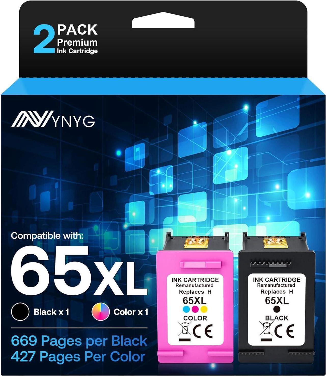 65XL Ink Cartridges Combo Pack Compatible  Ink 65 High Yield Works with HP Deskjet 3755 3700 3772 3752 2652 2622 2600 2655 Envy 5055 5000 5052 5070 5014 Series(1 Black,1 Tri-Color)