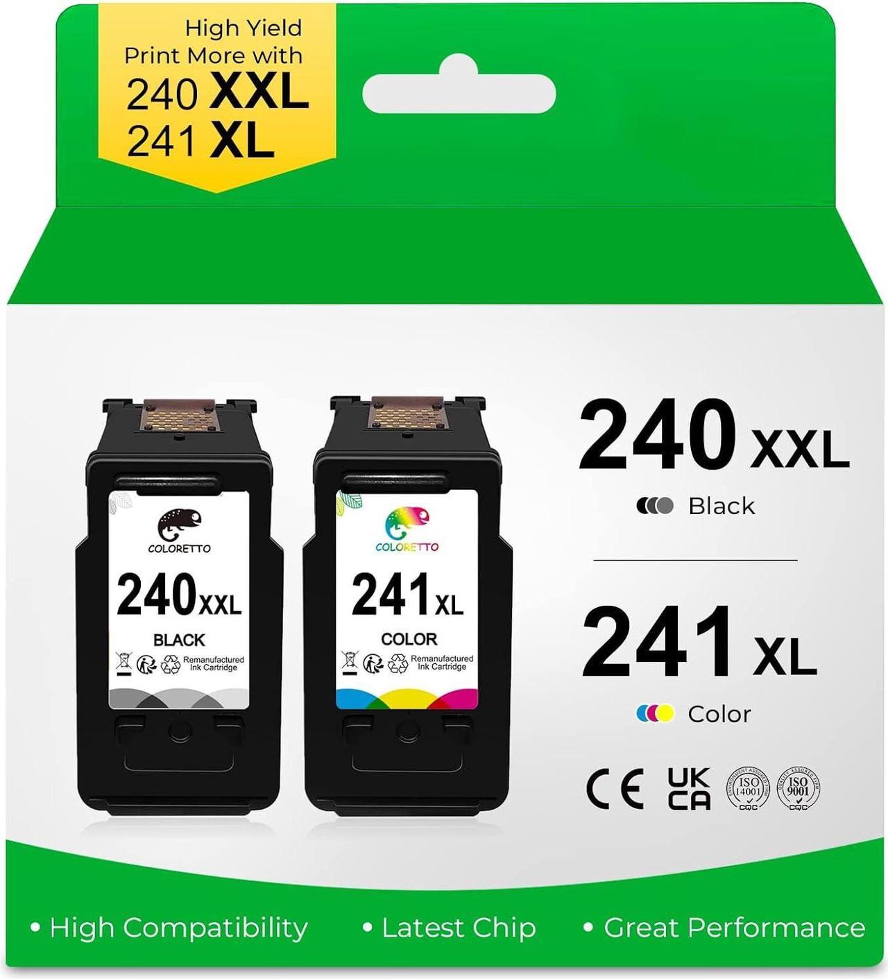 COLORETTO 240 241 XXL Pg-240XXL Cl-241XL Ink Cartridge Compatible with Canon Pixma MX532 MX472 MX470 MX452 MX432 MG3620 MG3600 MG3522 MG3520 MG3220 MG2220 MG2120 TS5120 Printer 1 Black 1 Color 2-Pack