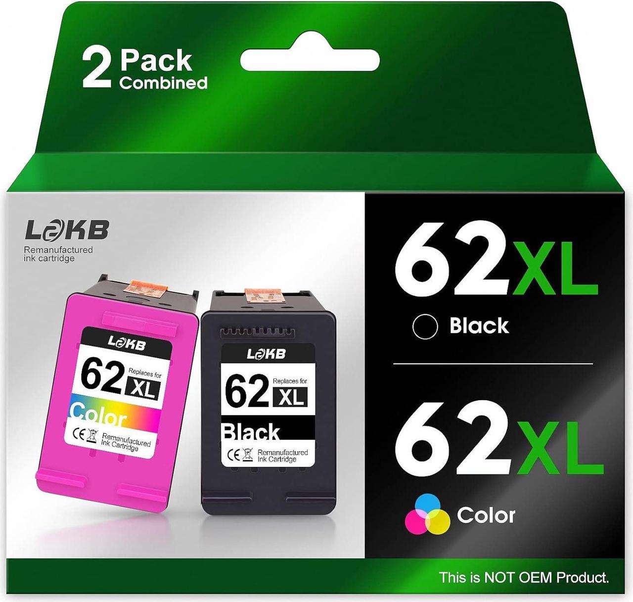 62 62 XL 62XL Ink Cartridge Combo Pack Compatible  Ink 62 HP 62 Works with HP Envy 7640 5660 5540 5640 OfficeJet 5740 5746 5745 250 200 8040 Series Printer(Black, Tri-Color) 2PK