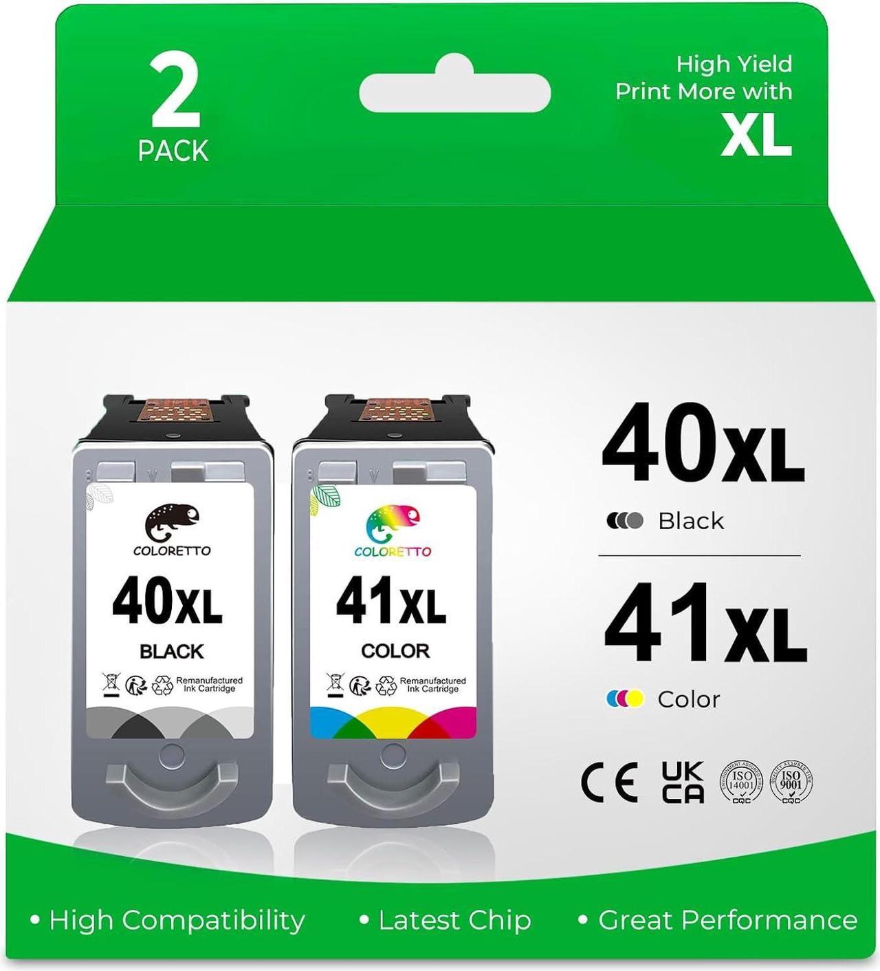 COLORETTO Remanufactured Ink Cartridge Replacement for Canon PG-40XL CL-41XL 40 XL 41 XL(1 Black,1 Color) to use with MP140 iP2500 MP470 MP150 MP190 MP160 iP2600 iP1800 MP210 iP1700 MX300 Printer