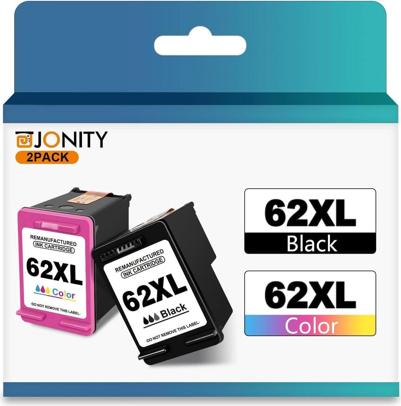 Jonity Higher Yield 62XL Ink Cartridge Replacement  62 HP62XL HP62 XL Envy 5540 5640 5660 7640 7644 7645 OfficeJet 200 250 5740 5745 8040 Printer Black Color (Tricolor) Combo 2 Pack Cartridges