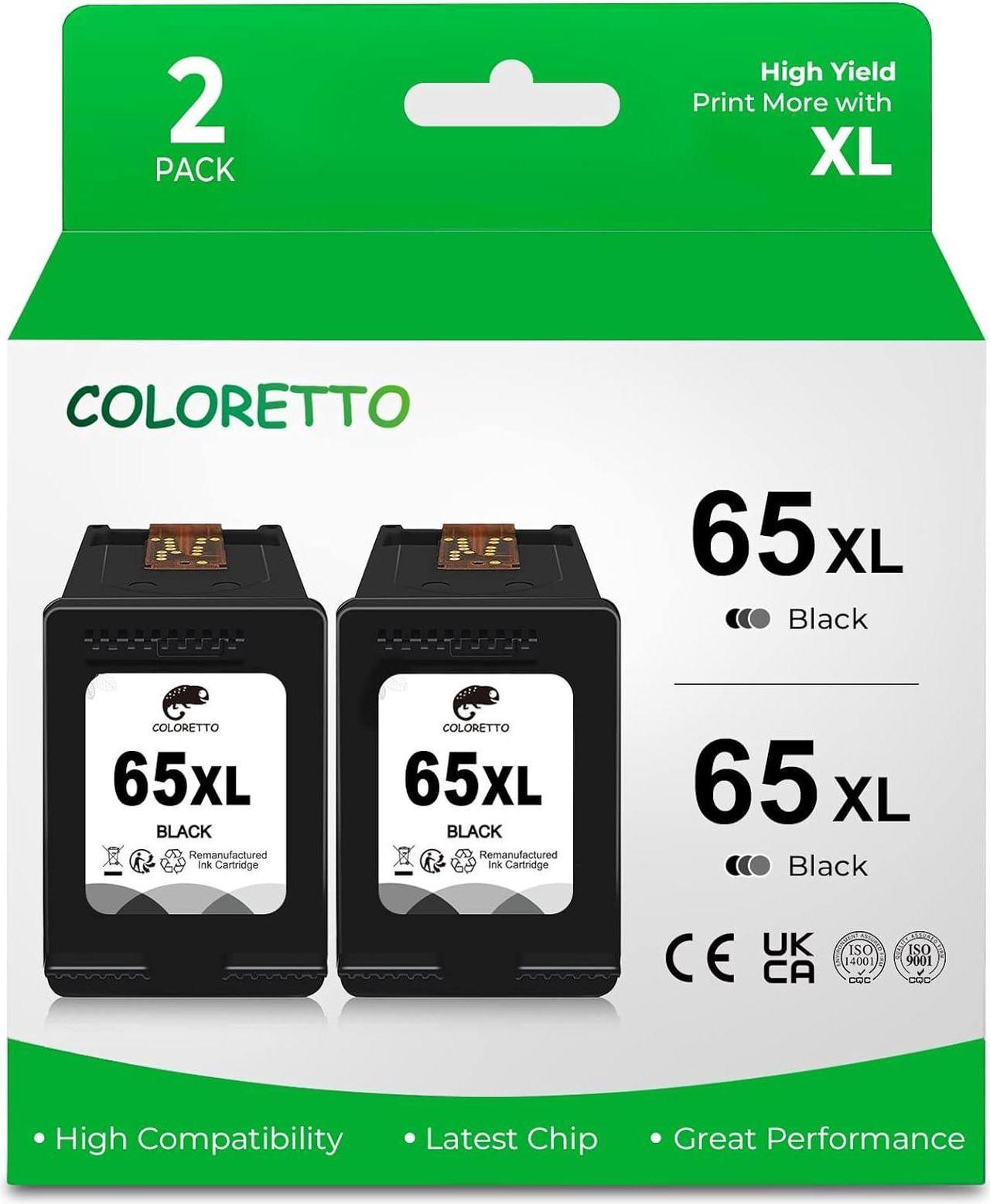 COLORETTO 65 XL 65XL Remanufactured Ink Cartridge Compatible with HP Envy 5055 5052 DeskJet 3755 3700 2655 2652 3772 3752 2655 2624 2680 3720 2630 2675 3722 2600 AMP 125 Printer 2 Black 2-Pack