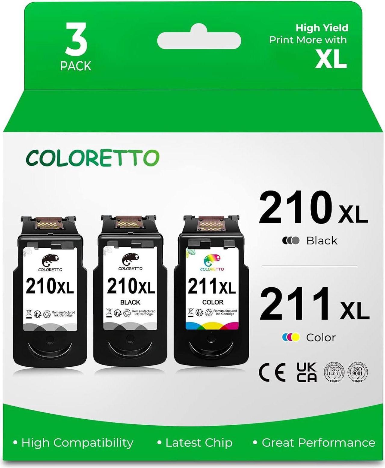 COLORETTO 210 211 XL Pg-210XL Cl-211XL Ink Cartridge Compatible with Canon Pixma MP230 MP240 MP250 MP280 MP480 MP495 MX320 MX340 MX350 MX410 MX420 IP2700 IP2702 Printer 2 Black 1 Tri-Color 3-Pack