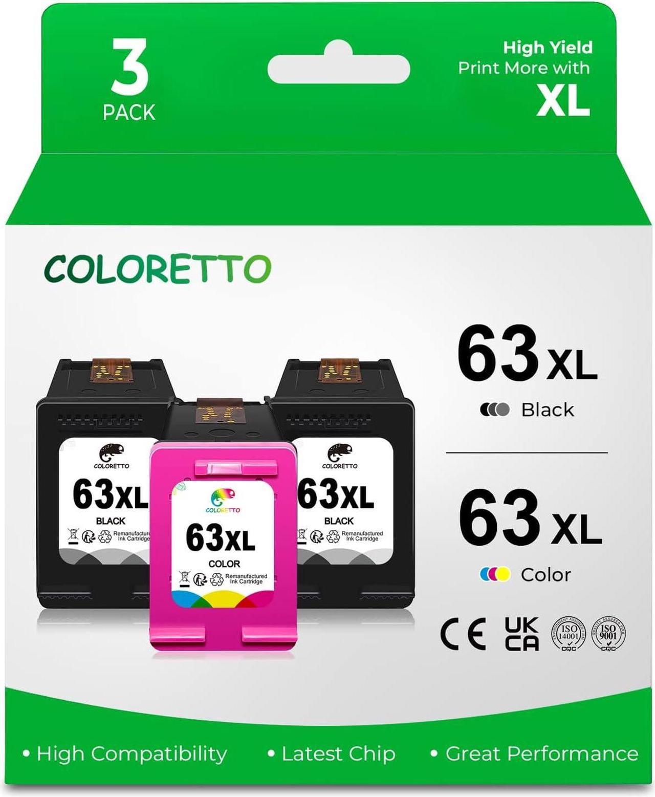 COLORETTO 63 XL 63XL Ink Cartridge Compatible with HP Officejet 3830 4650 3833 4516 4520 4522 4652 5255 5200 5222 Envy 4516 4522 Deskjet 3630 3632 2132 Printer 2 Black 1 Color 3-Pack