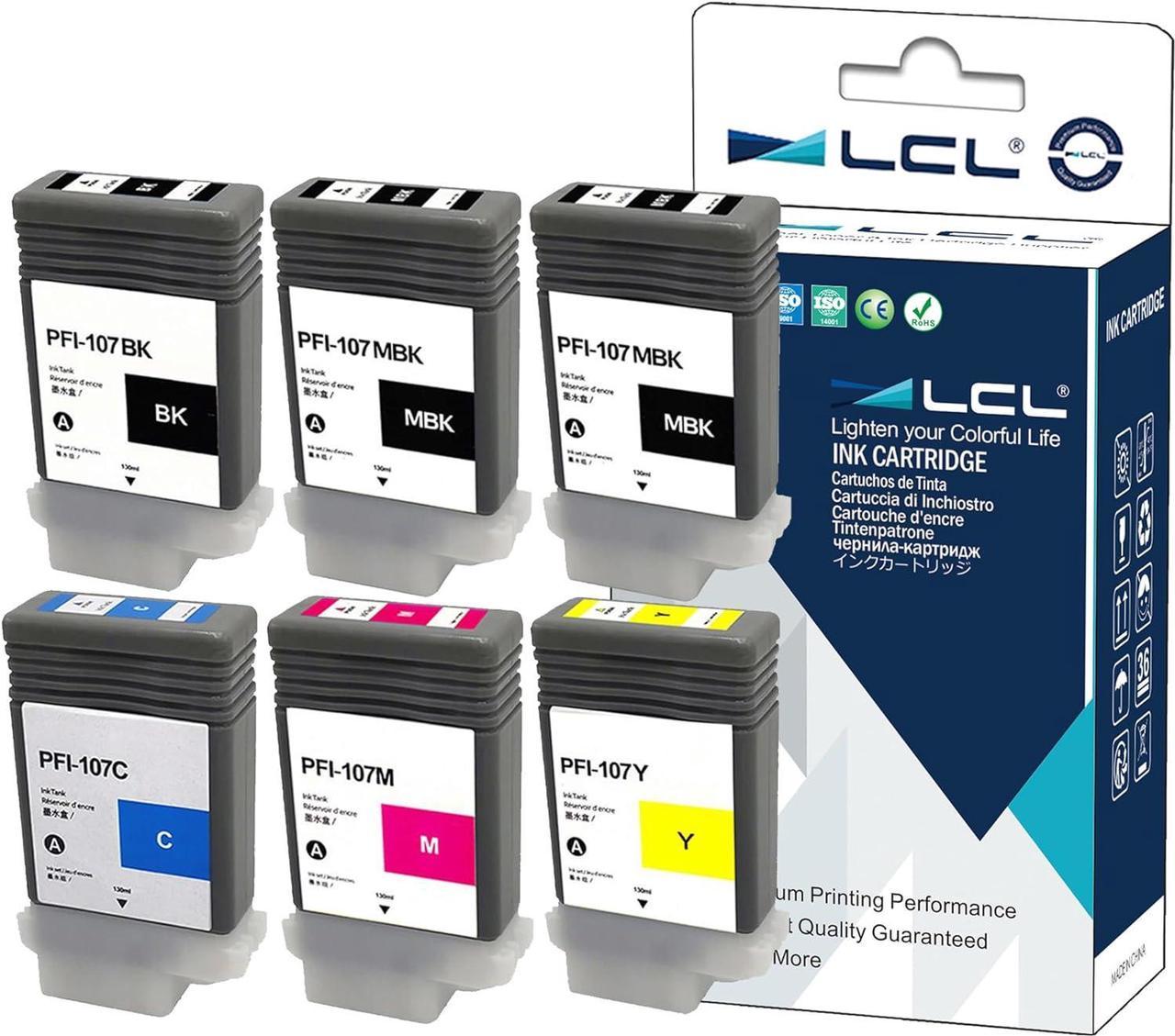 LCL Compatible for Canon PFI107 PFI-107 PFI-107MBK PFI-107BK PFI-107C PFI-107M PFI-107Y 130ML (6-Pack 2MBK K C M Y) Ink Cartridge for Canon Image Prograf iPF670 IPF 670 MFP L 24 IPF 670