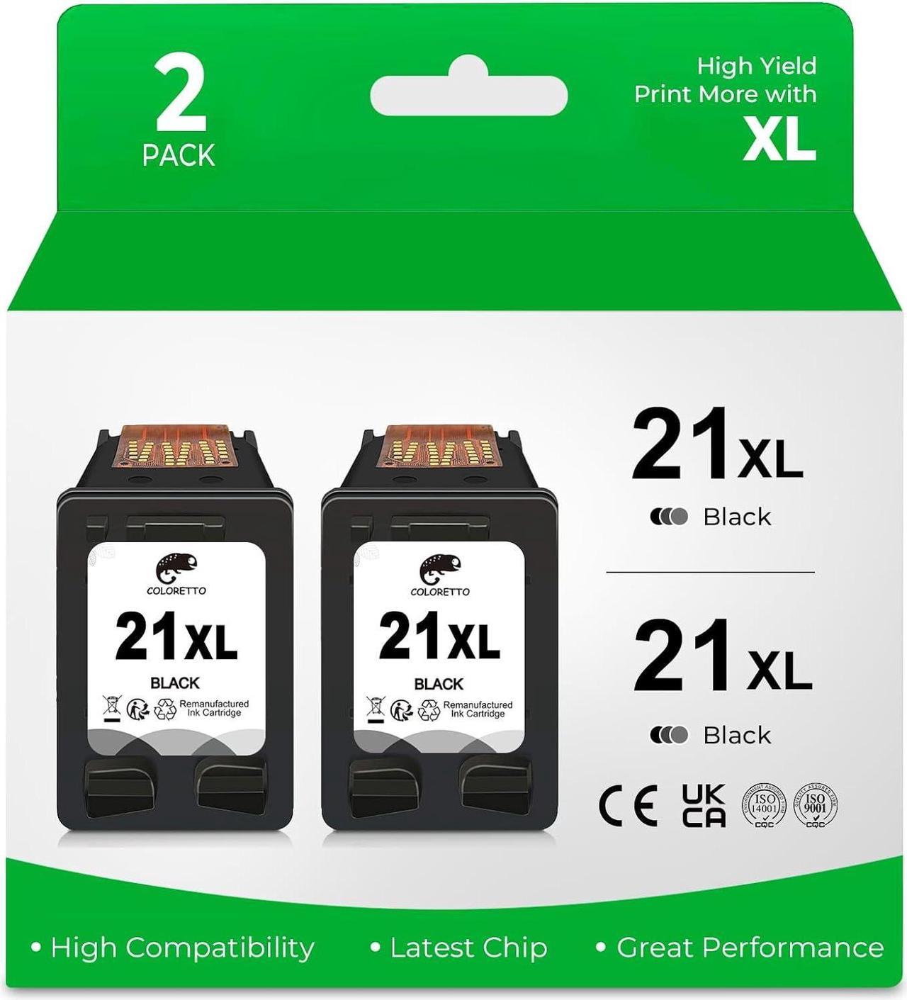 Coloretto Remanufactured Printer Ink Cartridge Replacement  21 XL,21XL to use with Deskjet: 3747, 3910, 3915, 3918, 3920, 3930, 3930v, 3938, 3940, 3940v, D1330, D1341, D1360 (2 Black) combo pack