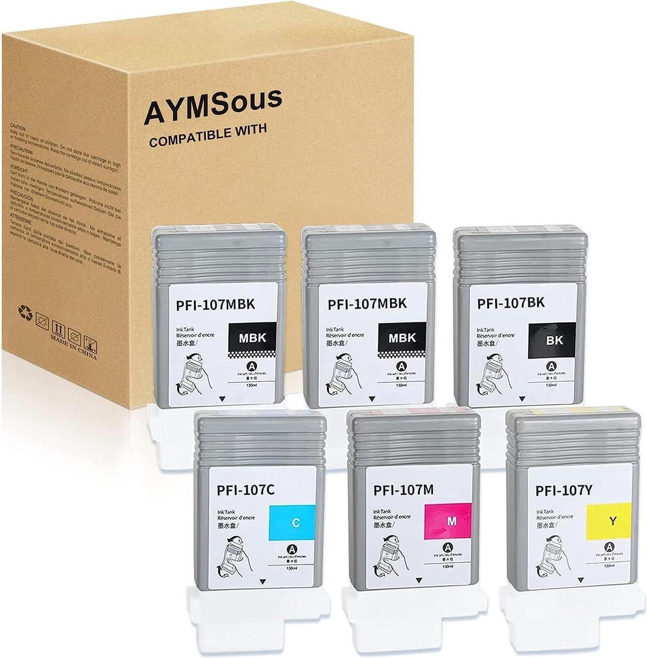 AYMSous Compatible PFI-107 Ink Cartridge Replacement for Canon PFI-107 PFI107 PFI-107MBK PFI-107BK PFI-107C PFI-107M PFI-107Y for Canon imagePROGRAF iPF670 iPF680 iPF685 iPF770 iPF780 iPF785 (6-Pack)