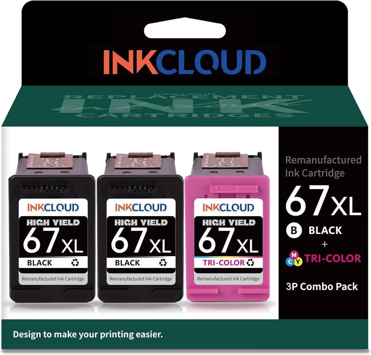 INKCLOUD 67XL Ink Cartridges Black Color Combo Pack Compatible with HP 67XL High Yield for Envy 6055e 6052 6075 Envy Pro 6455e 6455 6475 6458 DeskJet 4155 2755e 2755 Printer (2 Black, 1 Tri-Color)