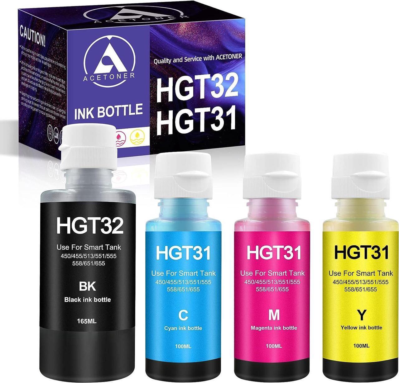 ACETONER Compatible Ink Bottle Replacement  31 32 XL Work  Smart Tank 7301 7001 7602 Plus 551 651 455 450 Wireless All-in-One Ink Tank Printers(165ml Black, 100ml Cyan Magenta Yellow)