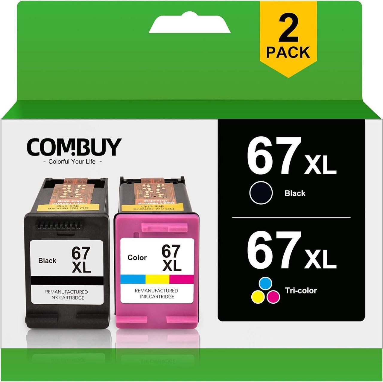 67XL Ink Cartridges Black and Color Combo Pack Remanufactured Replacement  67 67XL 67 XL for Envy 6055e 6055 6052 6075 6455e 6455 6475 6452 6458 DeskJet 4155 2755e 2755 (1 Black, 1 Tri-Color)