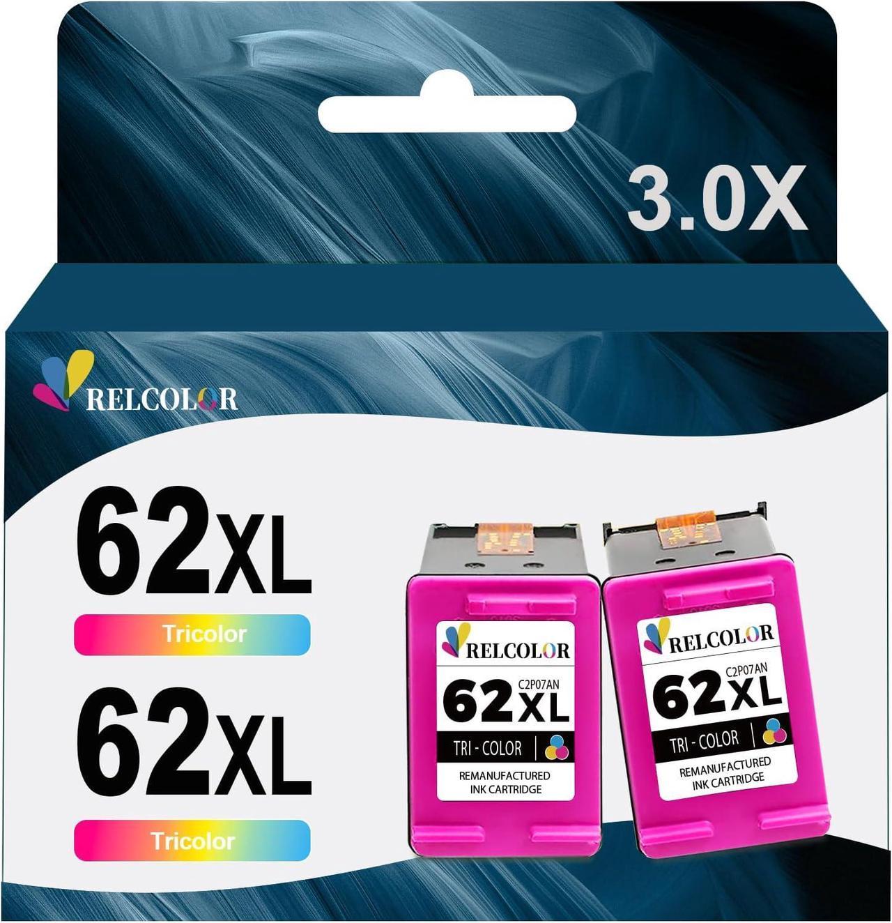 Relcolor High Yield 62XL Ink Cartridge Replacement  Ink 62 XL for Envy 5540 5640 5660 7640 7644 7645 OfficeJet 200 250 5740 5745 8040 Printer HP62 Black Color Combo HP62XL Blk Tricolor 2 Pack