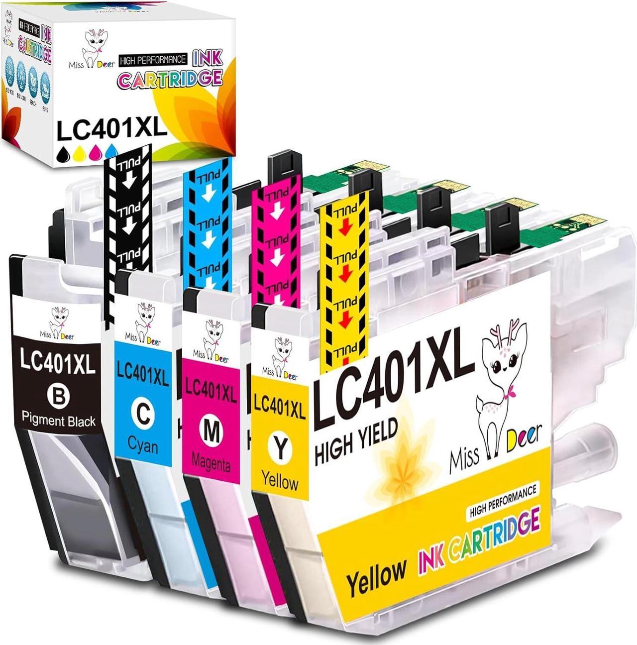 Miss Deer LC401XL Ink Cartridges Compatible Replacement for Brother LC401 LC 401 XL Black Ink Cartridge High-Yield Work for Brother MFC-J1010DW MFC-J1170DW MFC-J1012DW Printer 4-Pack (BK/C/M/Y)