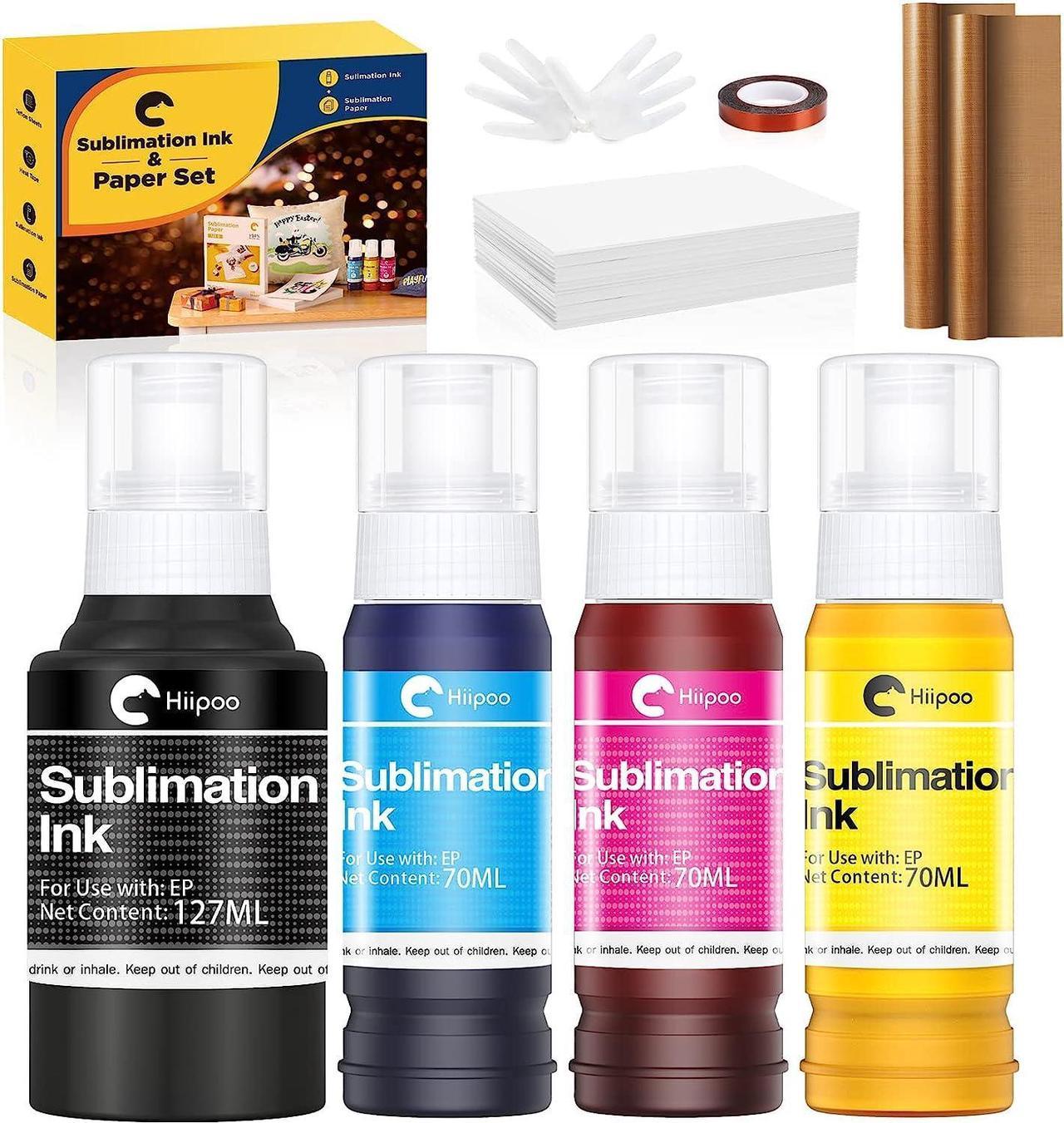 Hiipoo Sublimation Ink Set with 110 Sheet Sublimation Paper 8.5x11 125G, 2 Pack Teflon Sheet, Heat Tape for EcoTank Inkjet Printer ET-2720 ET-2760 ET-2800 ET-2803 ET-2400 ET-4700 ET-4800 ET-15000