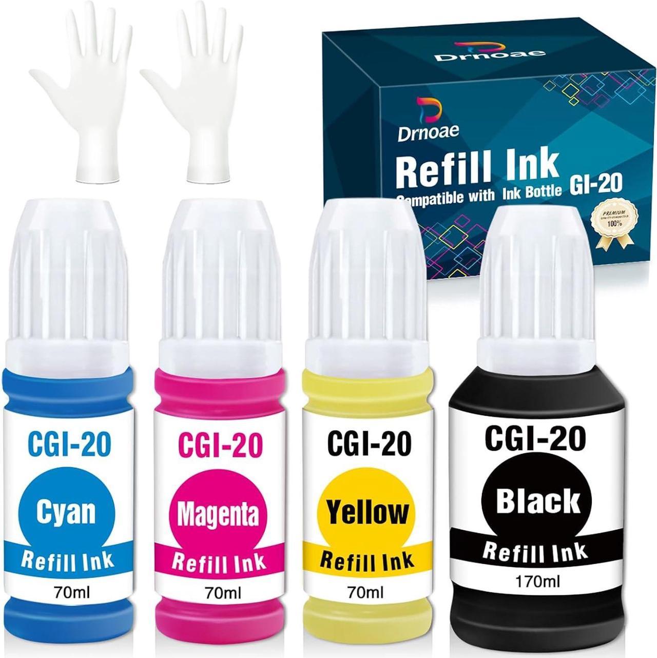 Drnoae Compatible GI-20 Ink Bottles Replacement for GI-20 GI20 Ink Bottles Refills Kit for Canon PIXMA G6020 G5020 G7020 MegaTank Printer - 4 Pack (Black, Cyan, Magenta, Yellow)