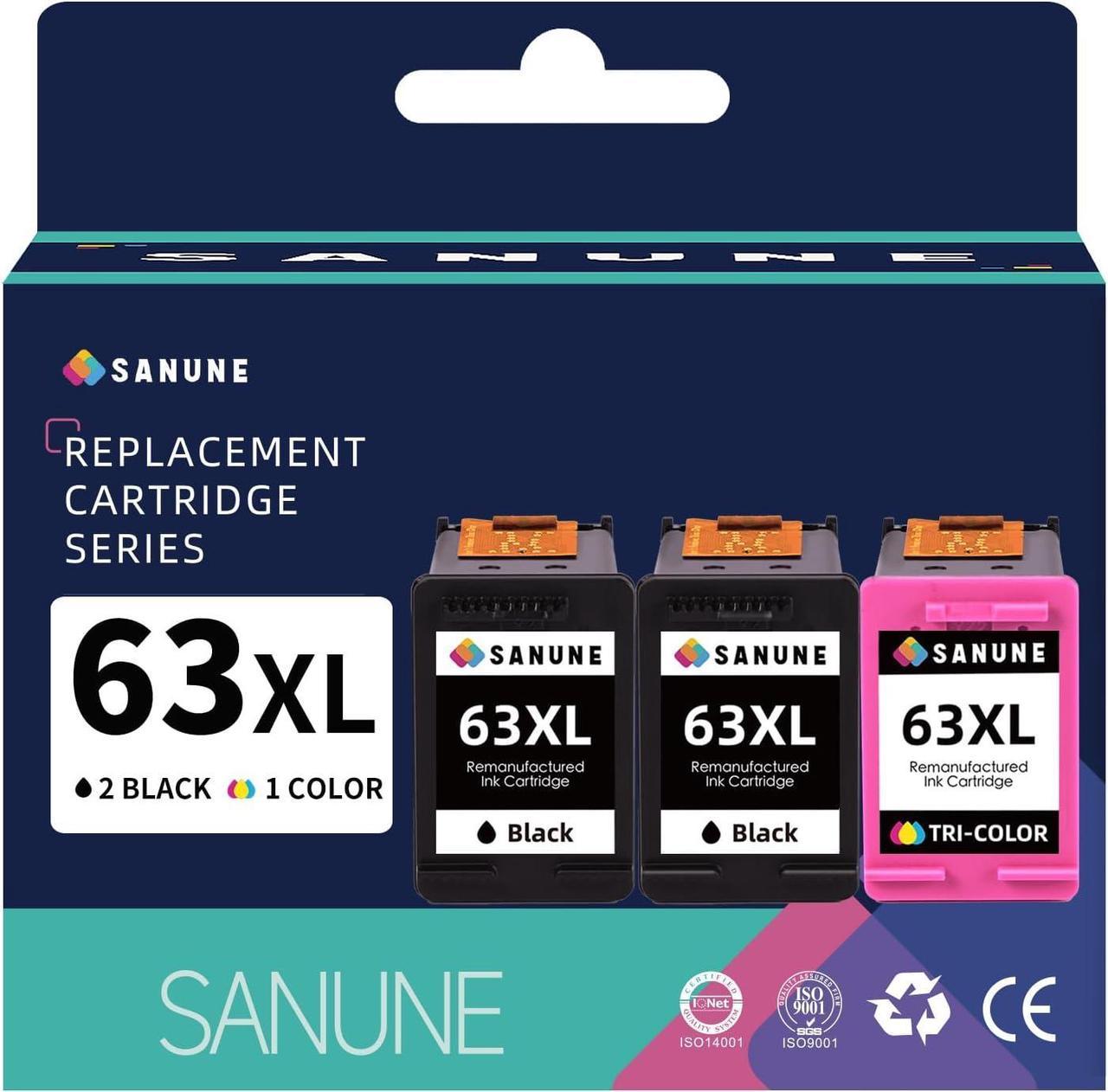 SANUNE 63XL Ink Cartridge Combo Pack Remanufactured  Ink 63 HP63XL Compatible with HP Officejet 3830 4650 5255 5258 5200 4652 4655 Envy 4520 4512 DeskJet 2130 2132 Printer (2 Black, 1 Tri-Color)