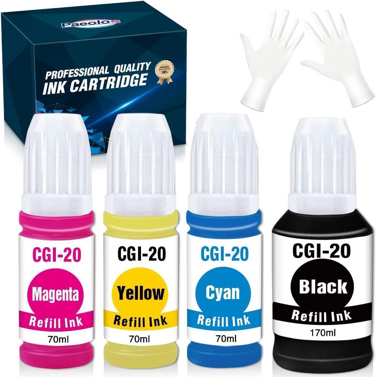 Paeolos Compatible Refill Ink Bottle Replacements for Canon GI20 GI 20 GI-20 Pigment Work for Canon PIXMA G6020 G7020 G5020 MegaTank Printers, 4 Bottles (Black, Cyan, Magenta, Yellow)