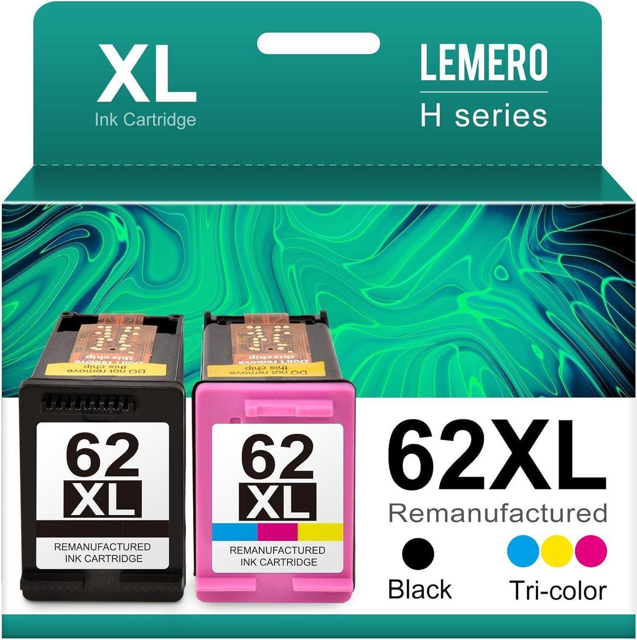 LEMERO 62XL Remanufactured Ink Cartridges Combo Pack Replacement  62xl Ink Cartridges Black and Color for Envy 7640 5660 5540 7645 OfficeJet 200 250 5740 5745 5746 Printer (1 Black, 1 Tri-Color)