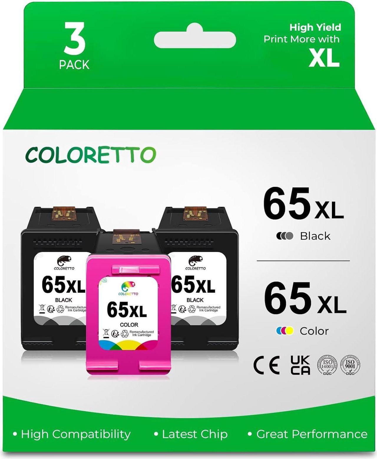 Coloretto Remanufactured Ink Cartridge Replacement  65XL, 65 XL Ink Level Display for Deskjet 2622 2624 2652 2655 2730 3720 3730 3752 3755 3758,Envy 5052 5055 5058 Printer(2 Black+1 Tri-Color