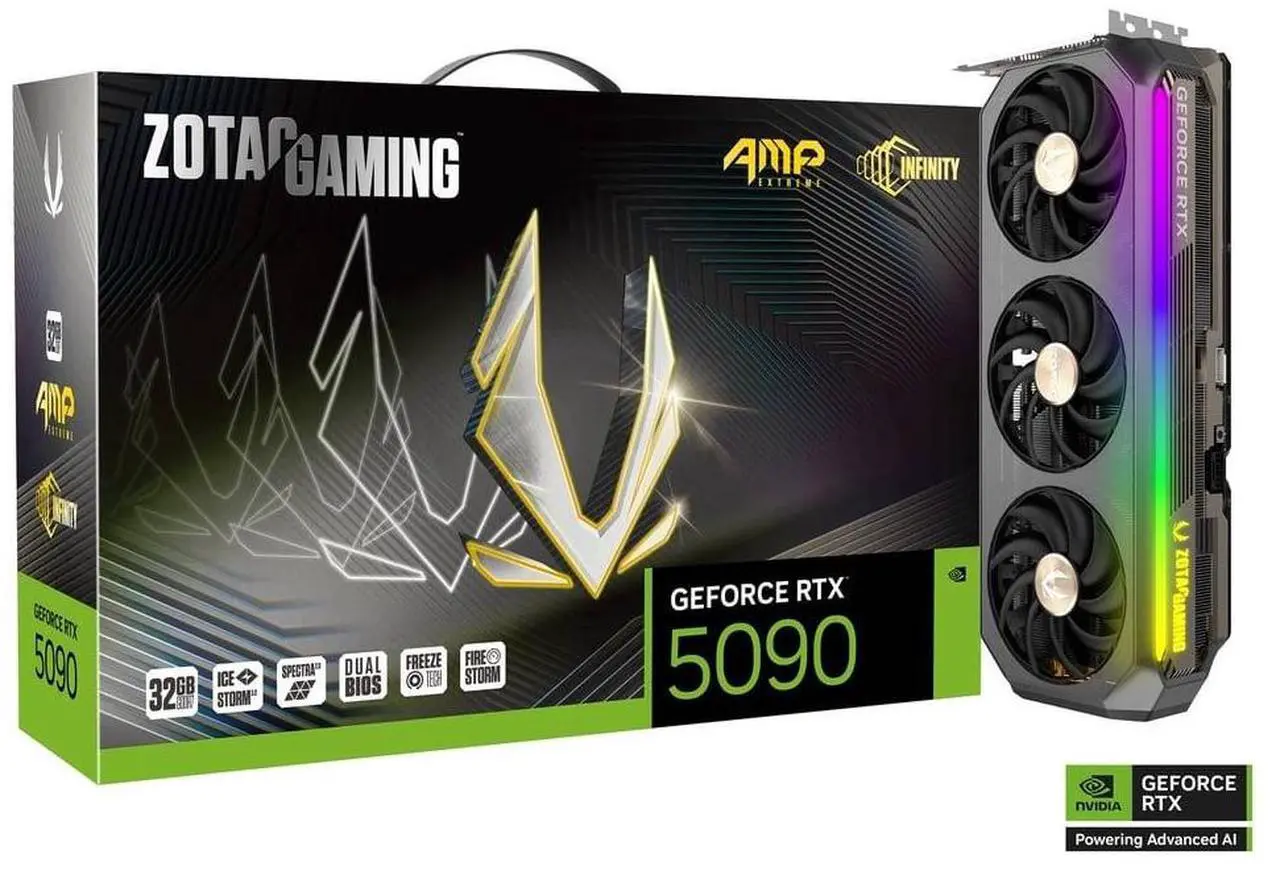 Main image of ZOTAC Gaming GeForce RTX 5090 AMP Extreme Infinity DLSS 4 32GB GDDR7 512-bit 28 Gbps PCIE 5.0 Gaming Graphics Card, IceStorm 3.0 Advanced Cooling, Spectra 2.0 ARGB Lighting, ZT-B50900B-10P