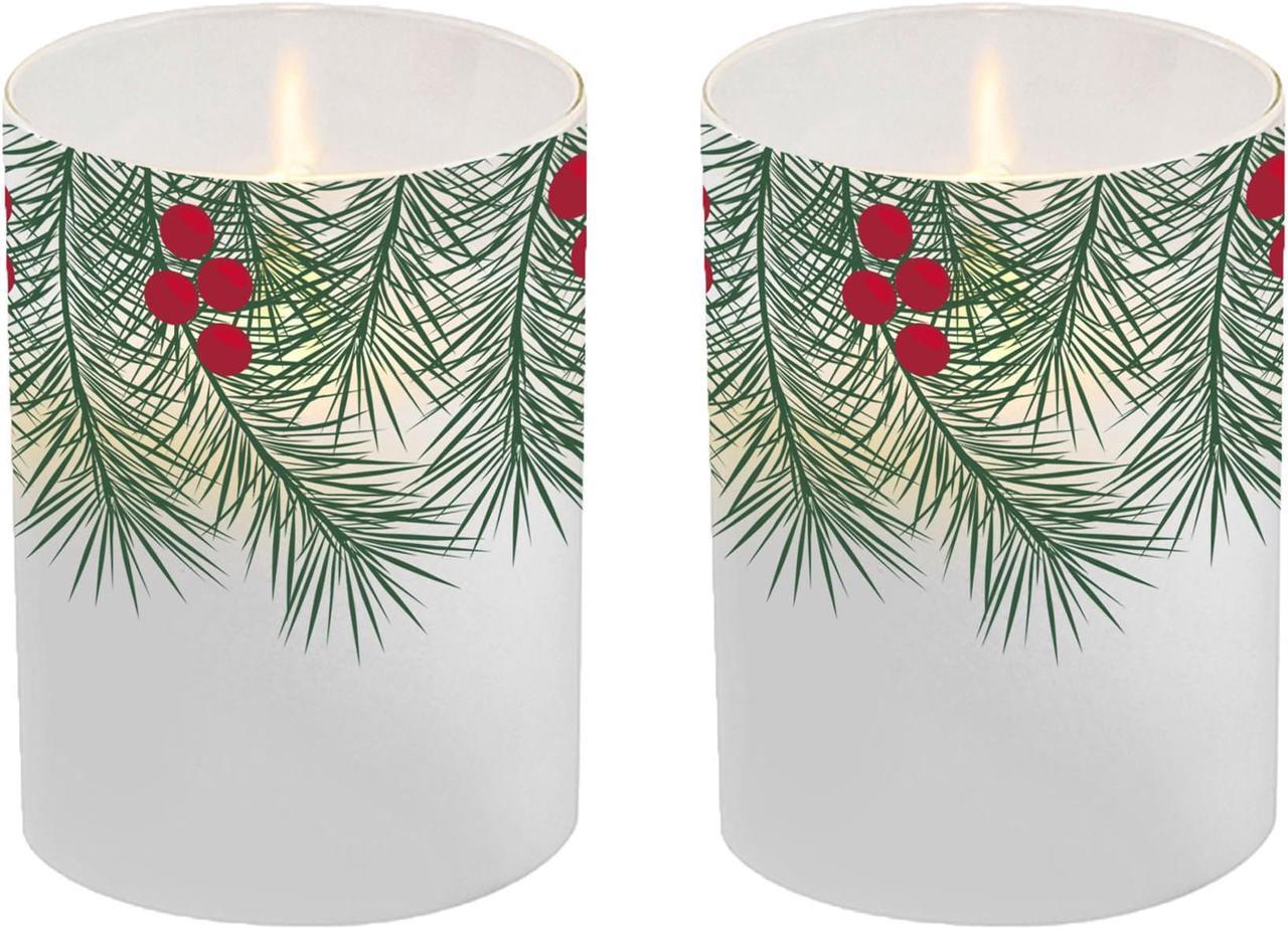 Main image of Battery Operated LED Glass Candles with Moving Flame, Green Pines - Set of 2