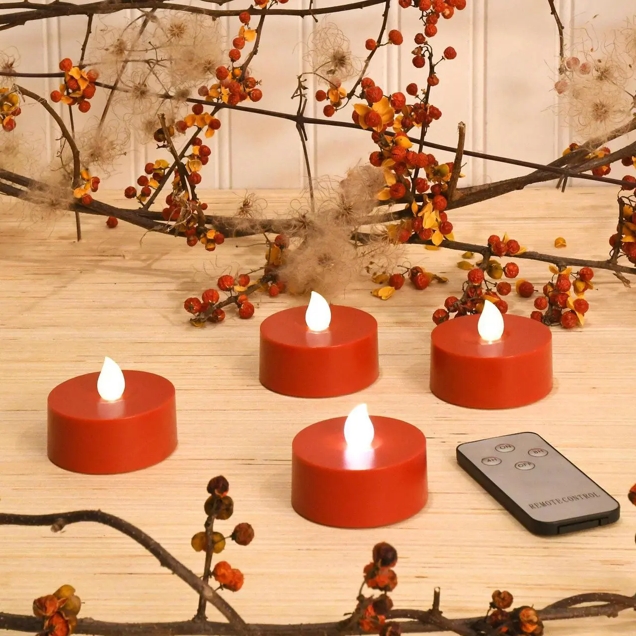 Alt view image 2 of 3 - Extra Large Battery Operated Tea Lights with Remote Control, Red - Set of 4