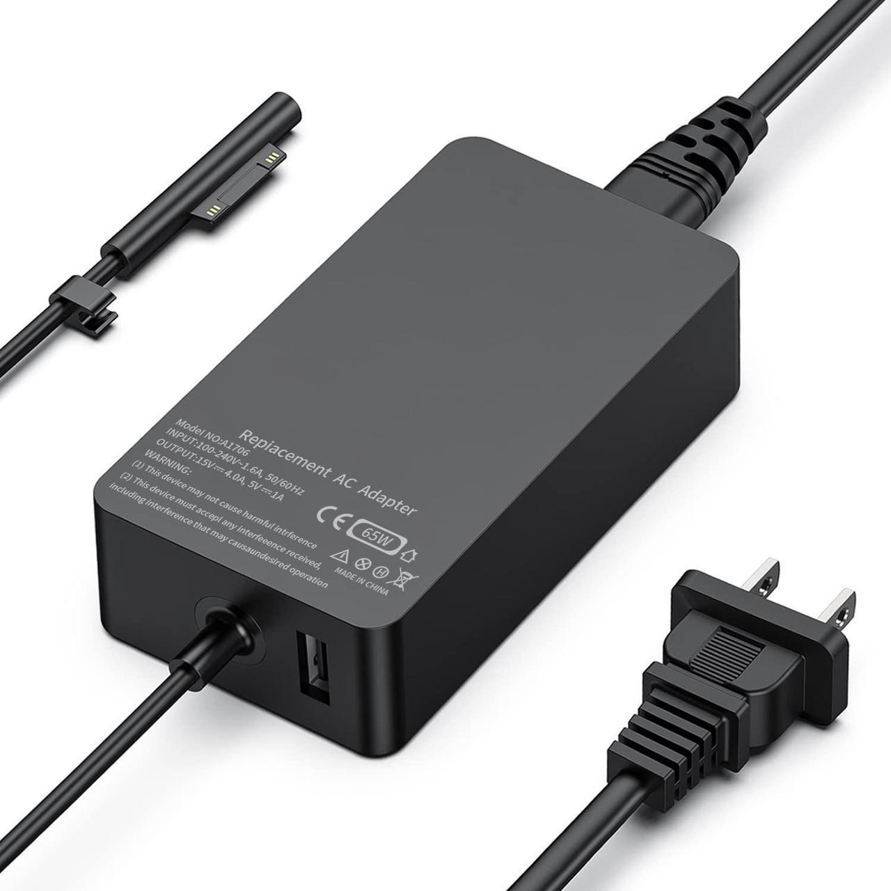 65W Surface Charger (Work with 65W, 44W, 36W) 65W 15V 4A Surface Charger for Surface Pro X/8/7/6/5/4/3, Surface Laptop1/2/3, Surface Book1/2, Surface Go/ Go2, with USB Charge Port