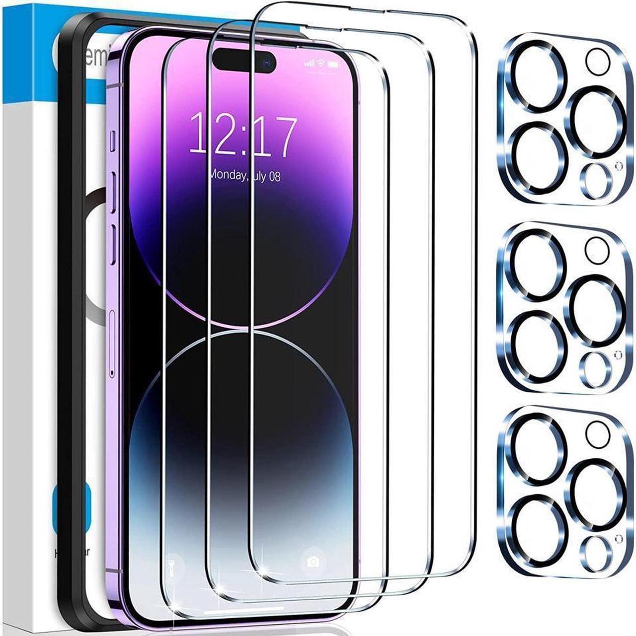 BONAEVER [3+3 Pack] iPhone 15 Pro Max 6.7 Inch Screen Protector with Camera Lens Protector 9H Shatterproof Tempered Glass Film with Easy In Standallation Frame HD Clear Sensitive Full Coverage