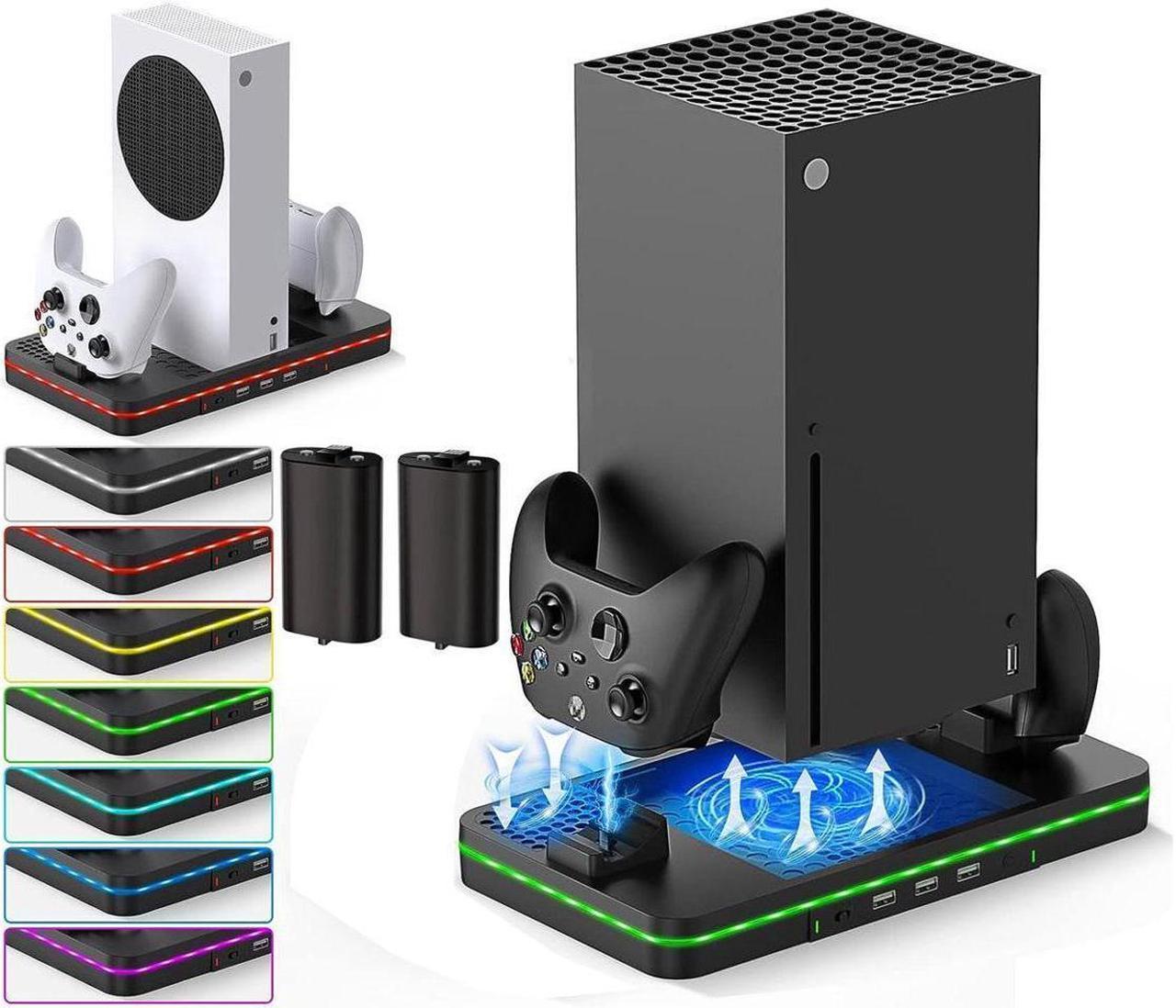 Cooling Fan for Xbox Series X/S, Controller Charging Station with 2 X 1100 mAh Rechargeable Battery Packs, Cooling Stand Dual Controller Charging Dock with RGB LED Light, 3 USB Ports for Xbox Series X