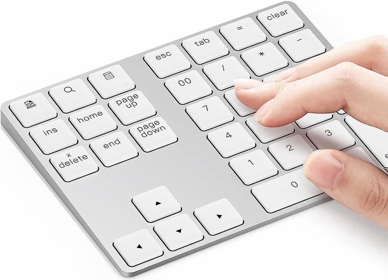 Bluetooth Number Pad, Aluminum Rechargeable Wireless Numeric Keypad Slim 34-Keys External Numpad Keyboard Data Entry Compatible for Macbook, MacBook Air/Pro, iMac Windows Laptop Surface Pro etc White