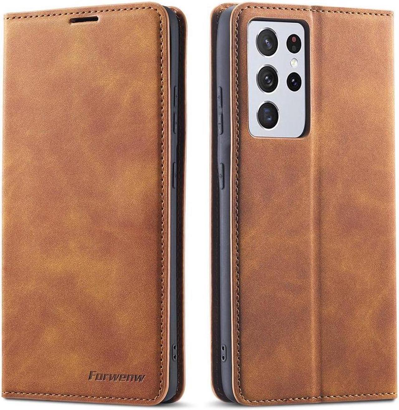 BONAEVER For Samsung Galaxy S21 Ultra 6.8 Inch Case PU Leather Cover TPU Bumper with Card Holder Stand and Magnetic Shockproof Flip Wallet Cover Brown