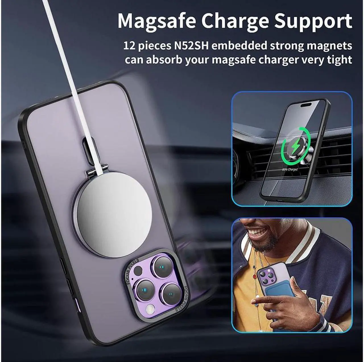 Alt view image 4 of 7 - For iPhone 14 Pro Case with Magnetic Invisible Stand [Compatible with Magsafe] [Tempered Glass Screen Protector + Camera Lens Protector] Shockproof Slim Translucent Matte Cases for iPhone 14 Pro 6.1"