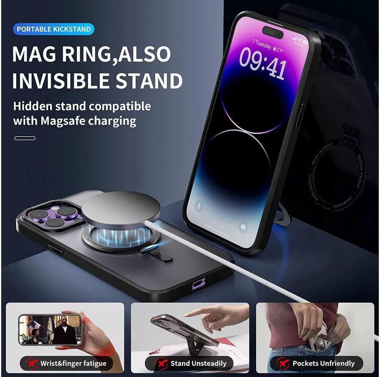 Alt view image 3 of 7 - For iPhone 14 Pro Case with Magnetic Invisible Stand [Compatible with Magsafe] [Tempered Glass Screen Protector + Camera Lens Protector] Shockproof Slim Translucent Matte Cases for iPhone 14 Pro 6.1"