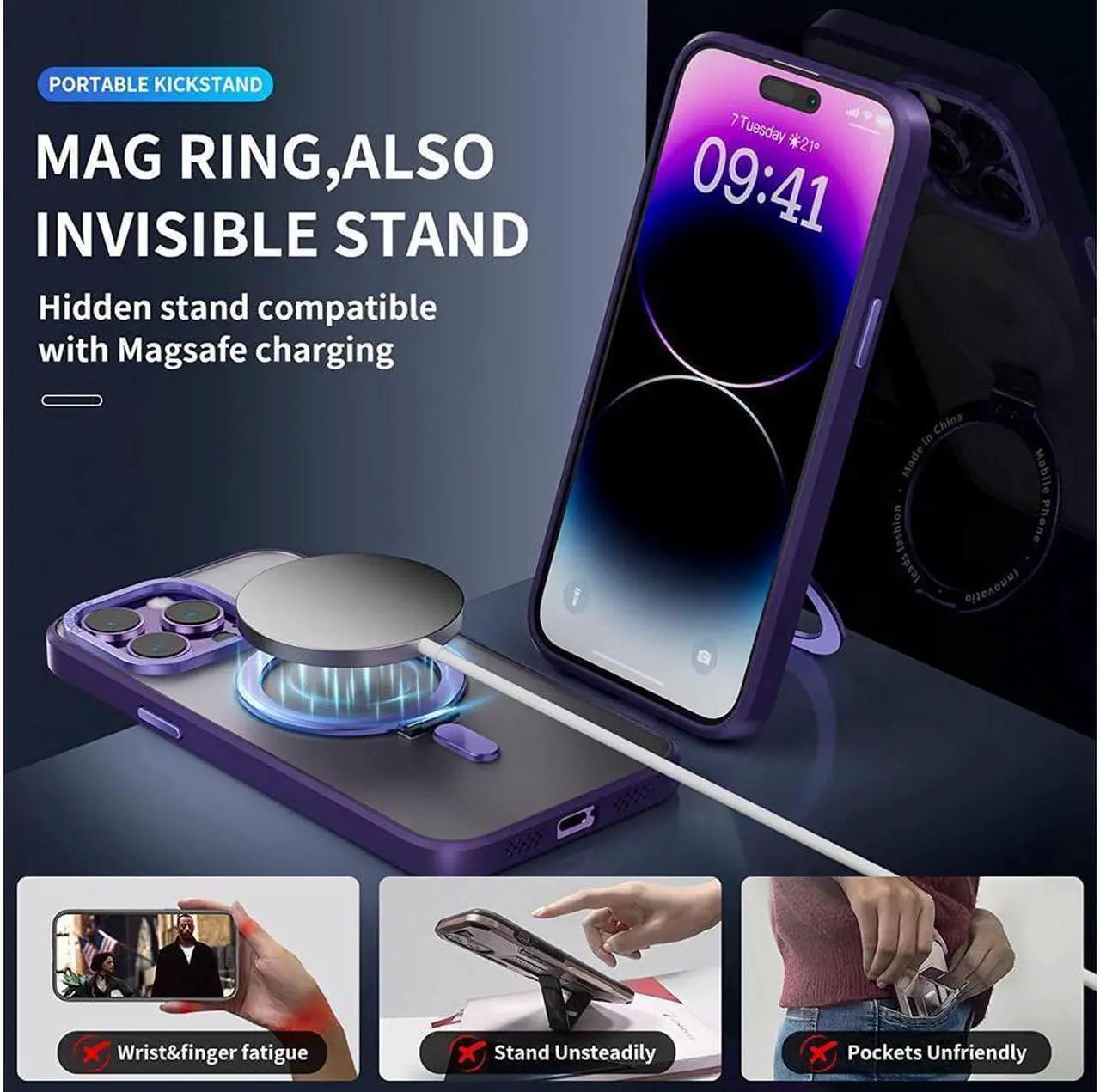 Alt view image 4 of 7 - BONAEVER For iPhone 12 / 12 Pro 6.1 inch Case with Magnetic Invisible Stand [Compatible with Magsafe] [Tempered Glass Screen Protector + Camera Lens Protector] Shockproof Slim Translucent Matte Cover